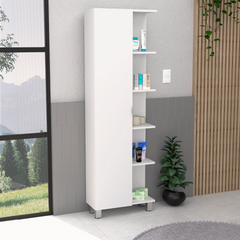 Linen Single Door Cabinet 62" H, Five External Shelves, Four Interior Shelves, White