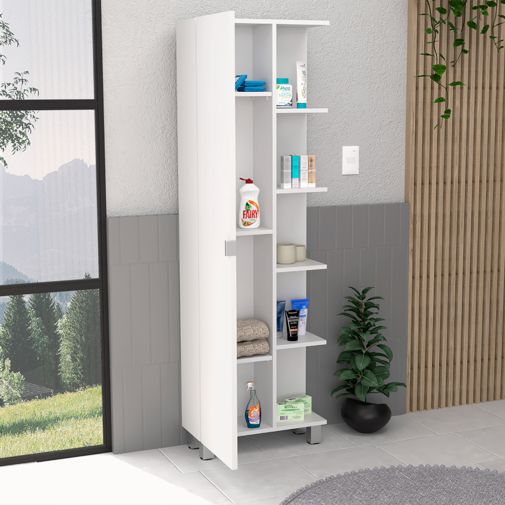 Linen Single Door Cabinet 62" H, Five External Shelves, Four Interior Shelves, White