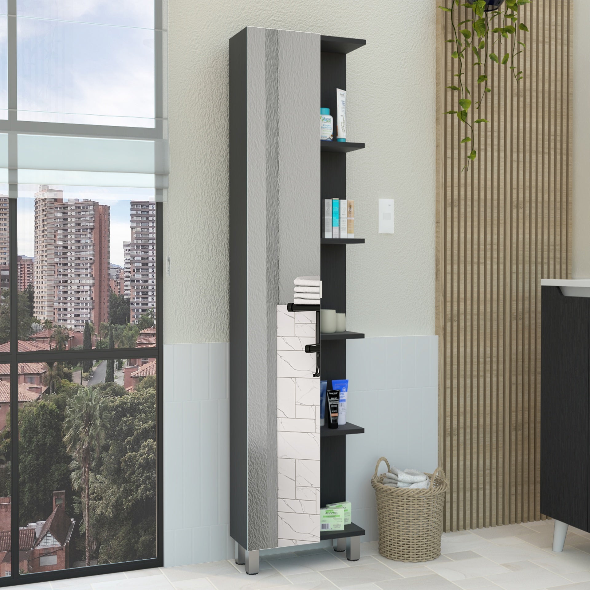 Linen Single Door Cabinet 62" H, Five External Shelves, Four Interior Shelves, Black