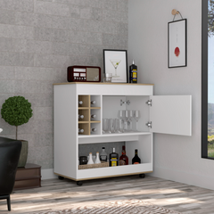 Lotus Bar Cart, Six Bottle Cubbies, One Cabinet, Four Casters, Light Oak / White