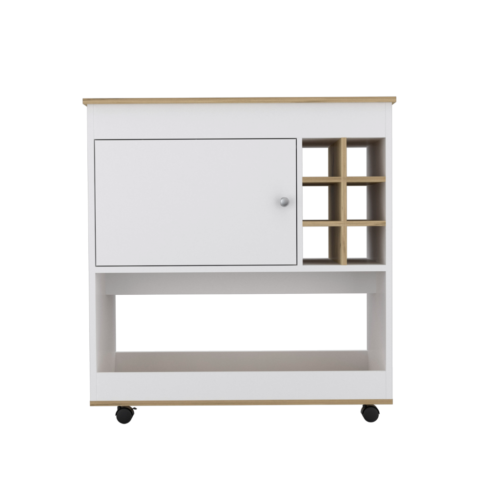 Lotus Bar Cart, Six Bottle Cubbies, One Cabinet, Four Casters, Light Oak / White