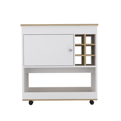 Lotus Bar Cart, Six Bottle Cubbies, One Cabinet, Four Casters, Light Oak / White