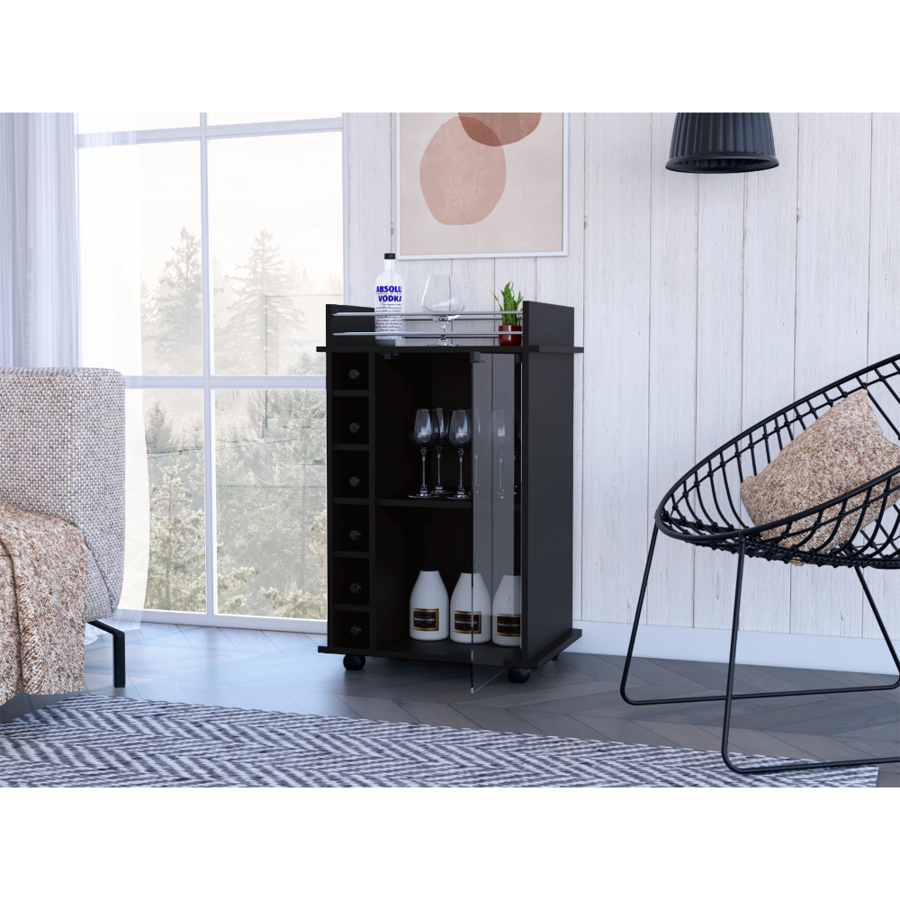 Bar Cart, Glass Door, Four Casters, Two Shelves, Black