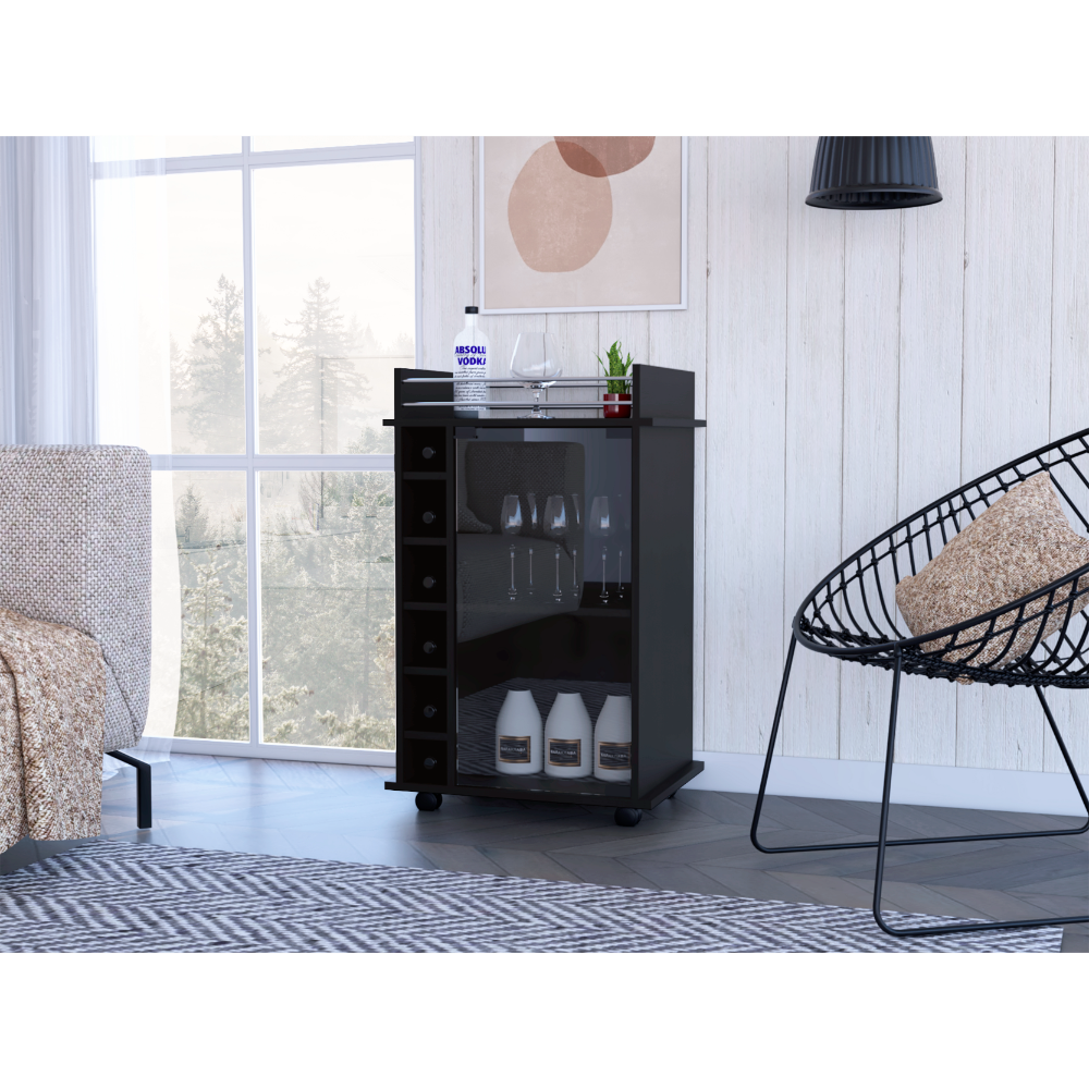 Bar Cart, Glass Door, Four Casters, Two Shelves, Black