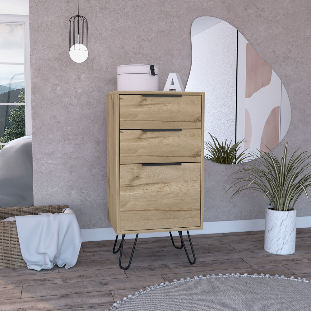 Light Dresser 35 inchH, 17 inchW, Superior Top,Three Drawers, Hairpin Legs, Light Oak
