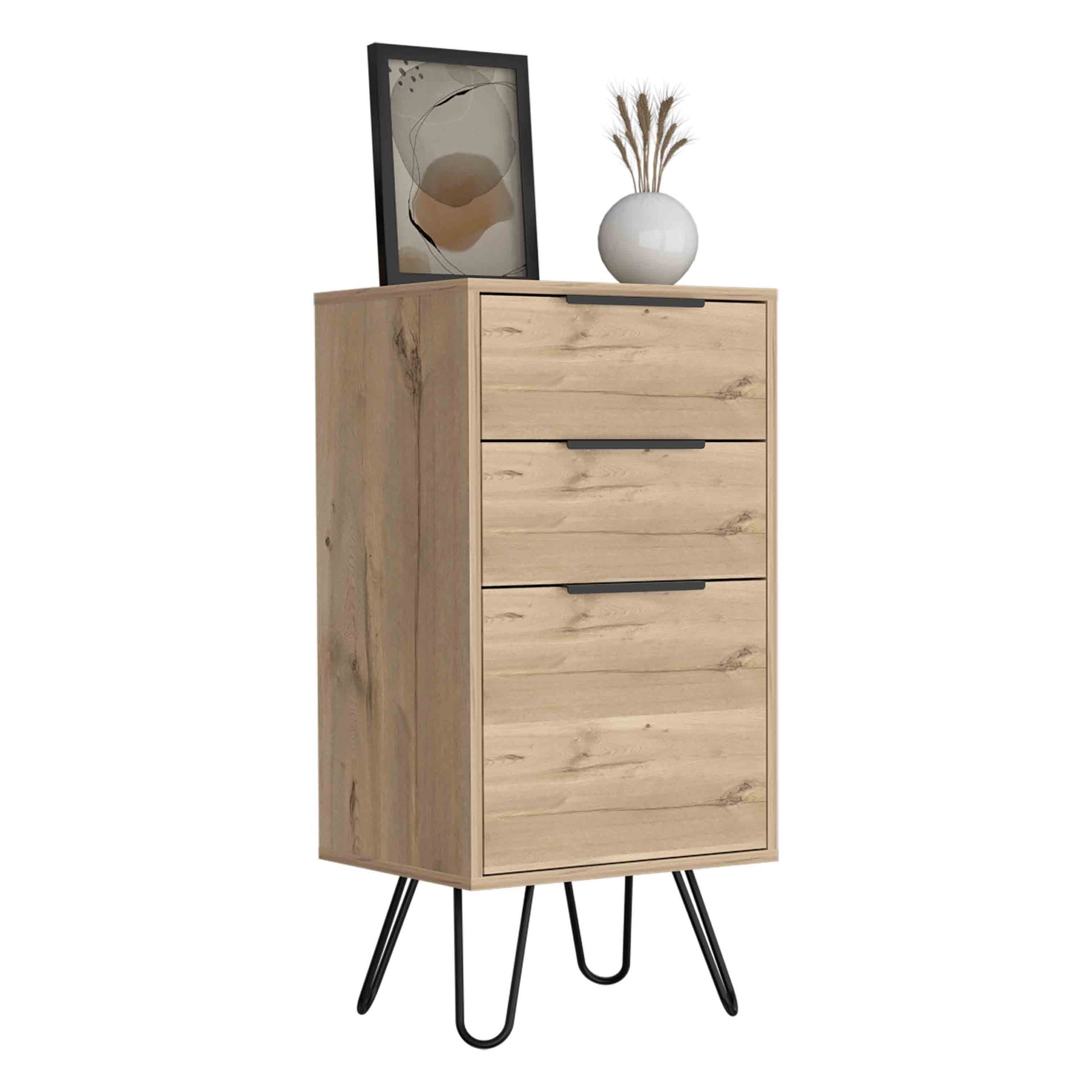 Light Dresser 35 inchH, 17 inchW, Superior Top,Three Drawers, Hairpin Legs, Light Oak