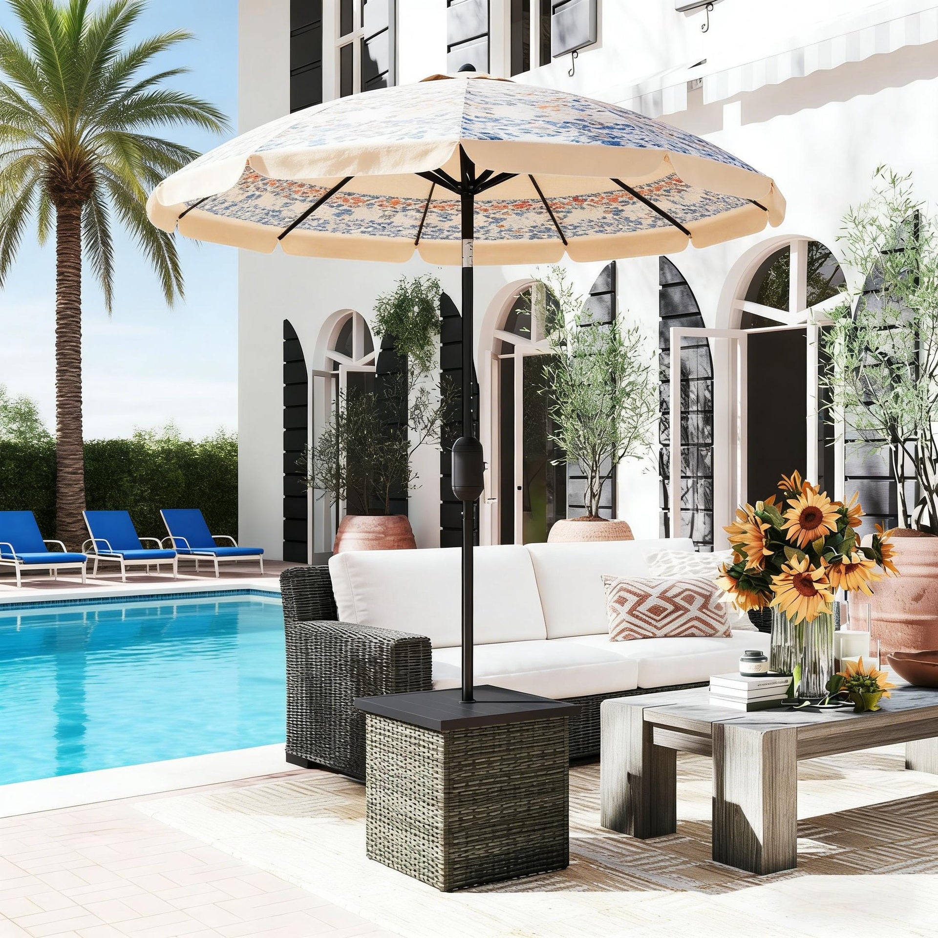 Square Outdoor End Table,Wicker Side Table with Umbrella Hole