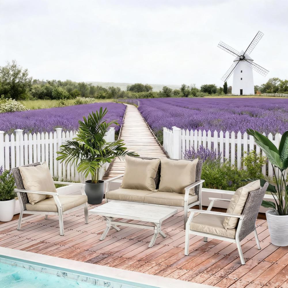 Beige  Outdoor Wicker Conversation Sofa Sets 4 Pieces Set with Cushions for Backyard, Poolside, Garden