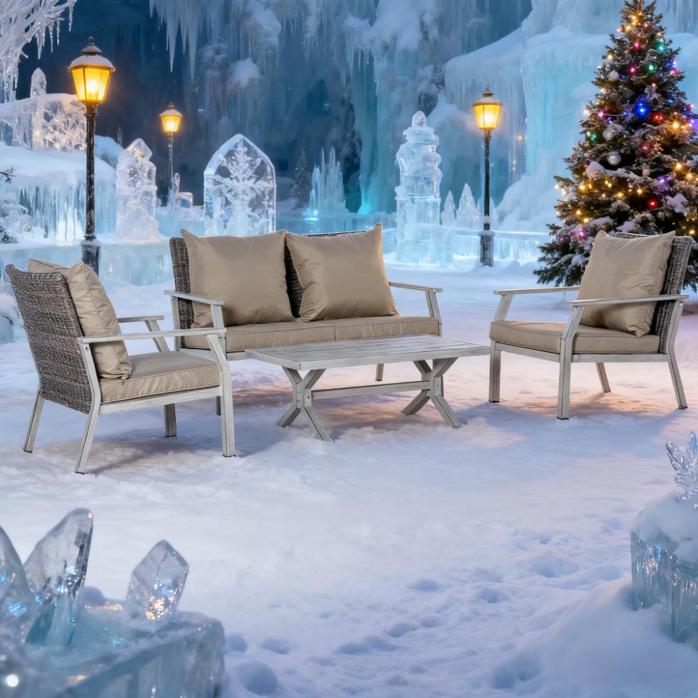 Beige  Outdoor Wicker Conversation Sofa Sets 4 Pieces Set with Cushions for Backyard, Poolside, Garden