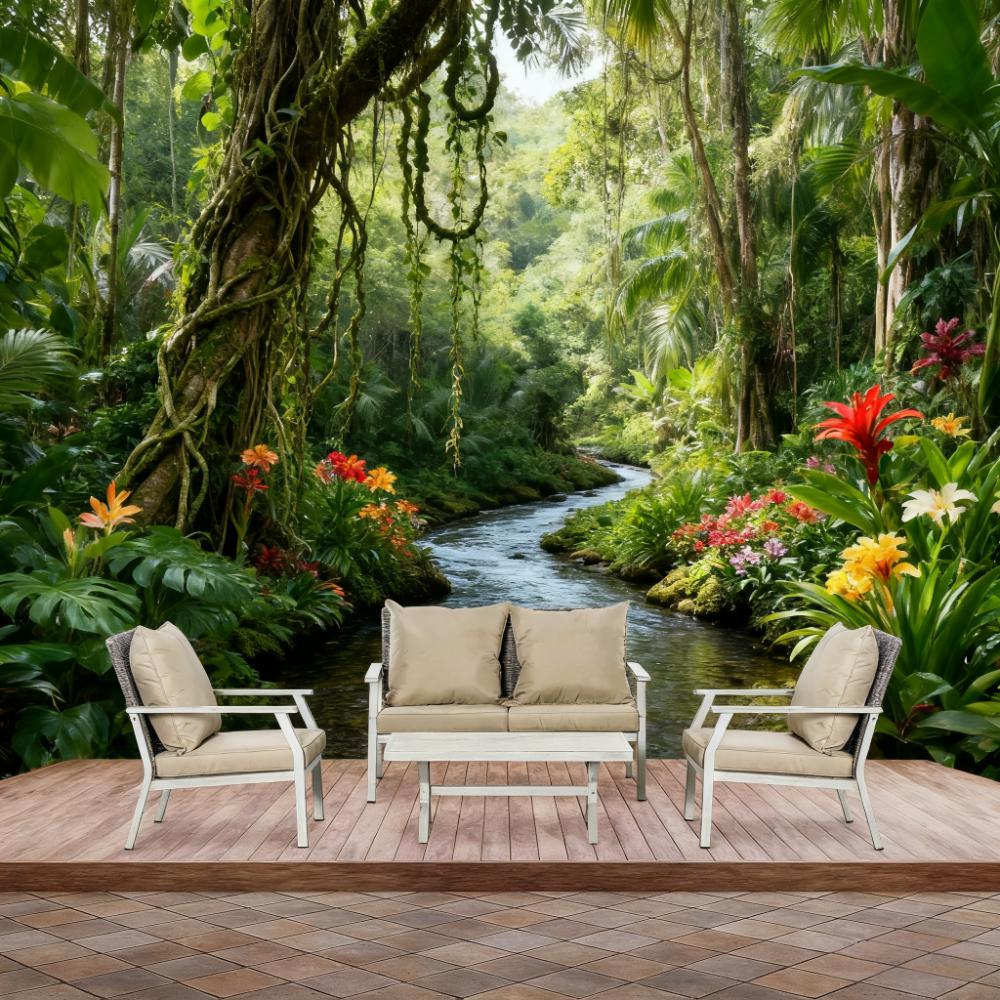 Beige  Outdoor Wicker Conversation Sofa Sets 4 Pieces Set with Cushions for Backyard, Poolside, Garden