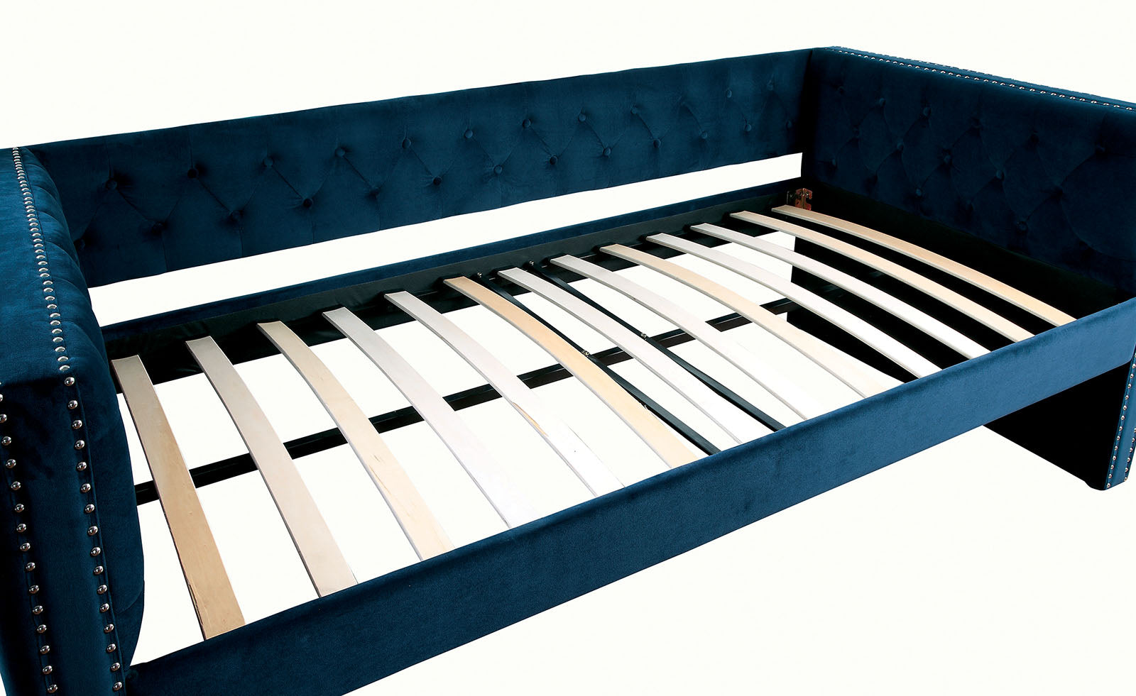 Transitional Style Daybed W Trundle Padded Button Tufted Upholstery Nailhead Trim Included Slat Kit Tuxedo Design Navy Finish