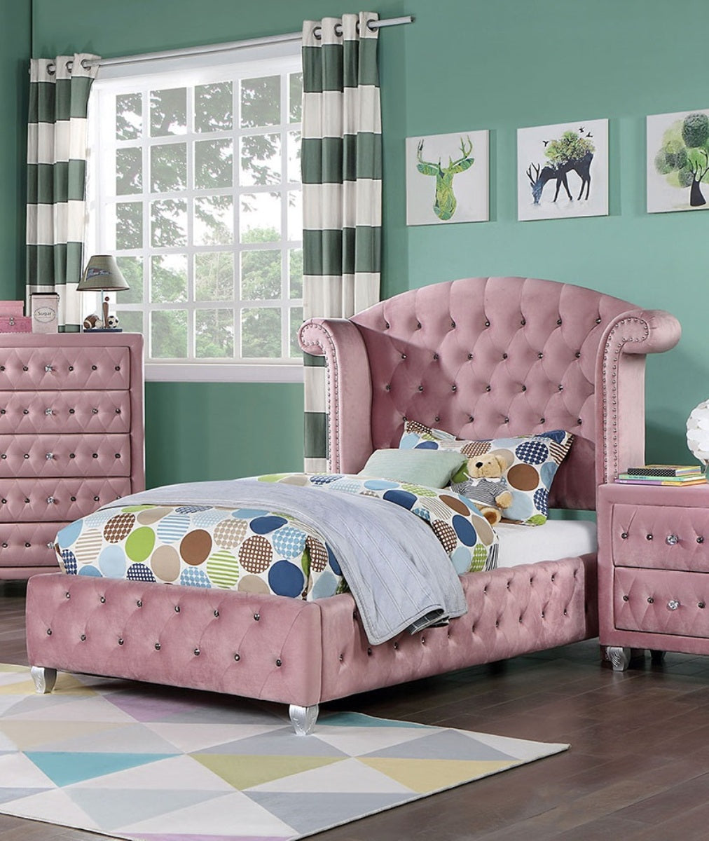 Glam Contemporary Pink Flannelette Upholstered 1pc Twin Size Bed Cabriole Legs Wingback Design Bedroom Furniture