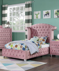 Glam Contemporary Pink Flannelette Upholstered 1pc Twin Size Bed Cabriole Legs Wingback Design Bedroom Furniture