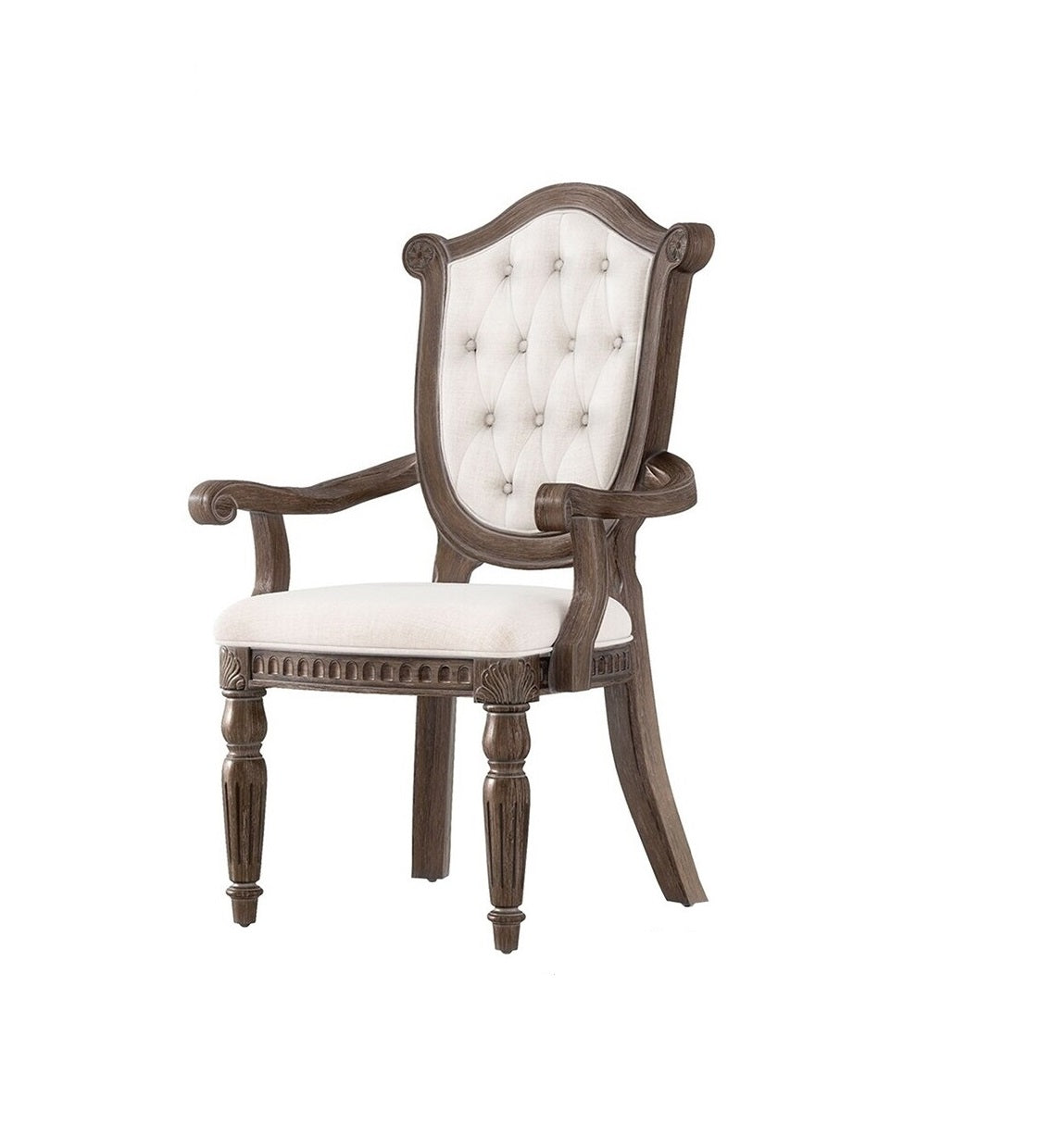 Rustic Style 2pc Arm Chair Diamond Tufted Chair Back Fluted Front Legs Weather Oak And Beige Finish Dining Room