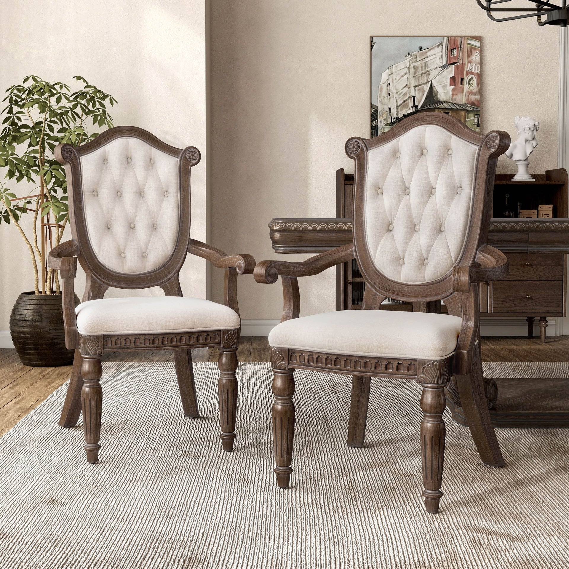 Rustic Style 2pc Arm Chair Diamond Tufted Chair Back Fluted Front Legs Weather Oak And Beige Finish Dining Room