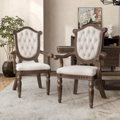 Rustic Style 2pc Arm Chair Diamond Tufted Chair Back Fluted Front Legs Weather Oak And Beige Finish Dining Room