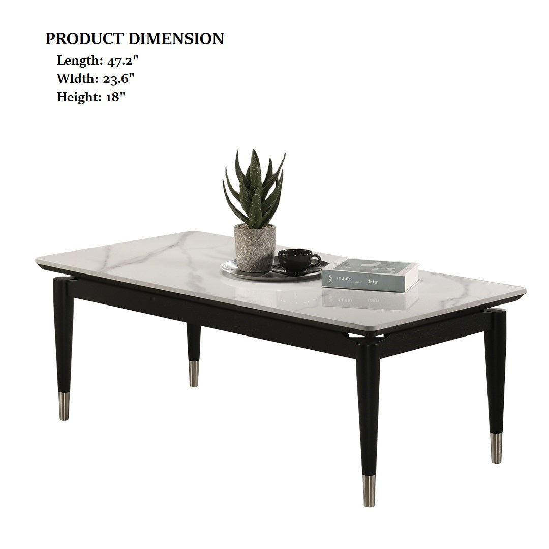 Contemporary Style 1pc Coffee Table Sintered Stone Top Silver Capped Arrow Legs Black And White Finish