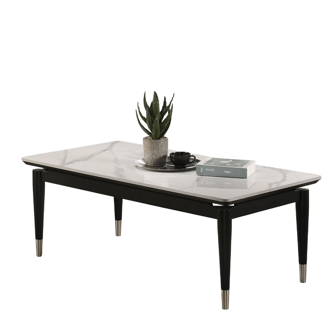 Contemporary Style 1pc Coffee Table Sintered Stone Top Silver Capped Arrow Legs Black And White Finish