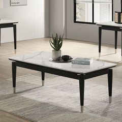 Contemporary Style 1pc Coffee Table Sintered Stone Top Silver Capped Arrow Legs Black And White Finish