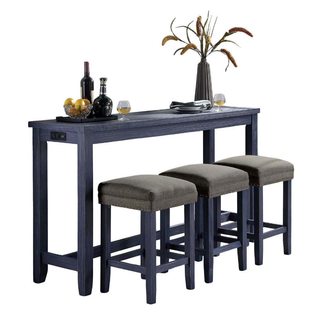 4pc Dining Table Set 1x Table 3x Stools Padded Seat Nailhead Trim USB Port And Power Outlet Antique Blue And Gray Finish