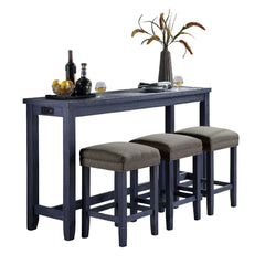 4pc Dining Table Set 1x Table 3x Stools Padded Seat Nailhead Trim USB Port And Power Outlet Antique Blue And Gray Finish