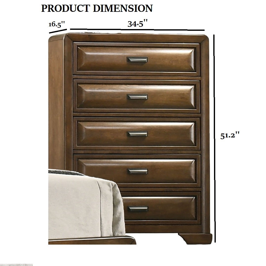 Transitional Style Chest 1pc English Dovetail Drawers Center Metal Glides Cup Handles Bracket Legs Brown Finish Bedroom Furniture