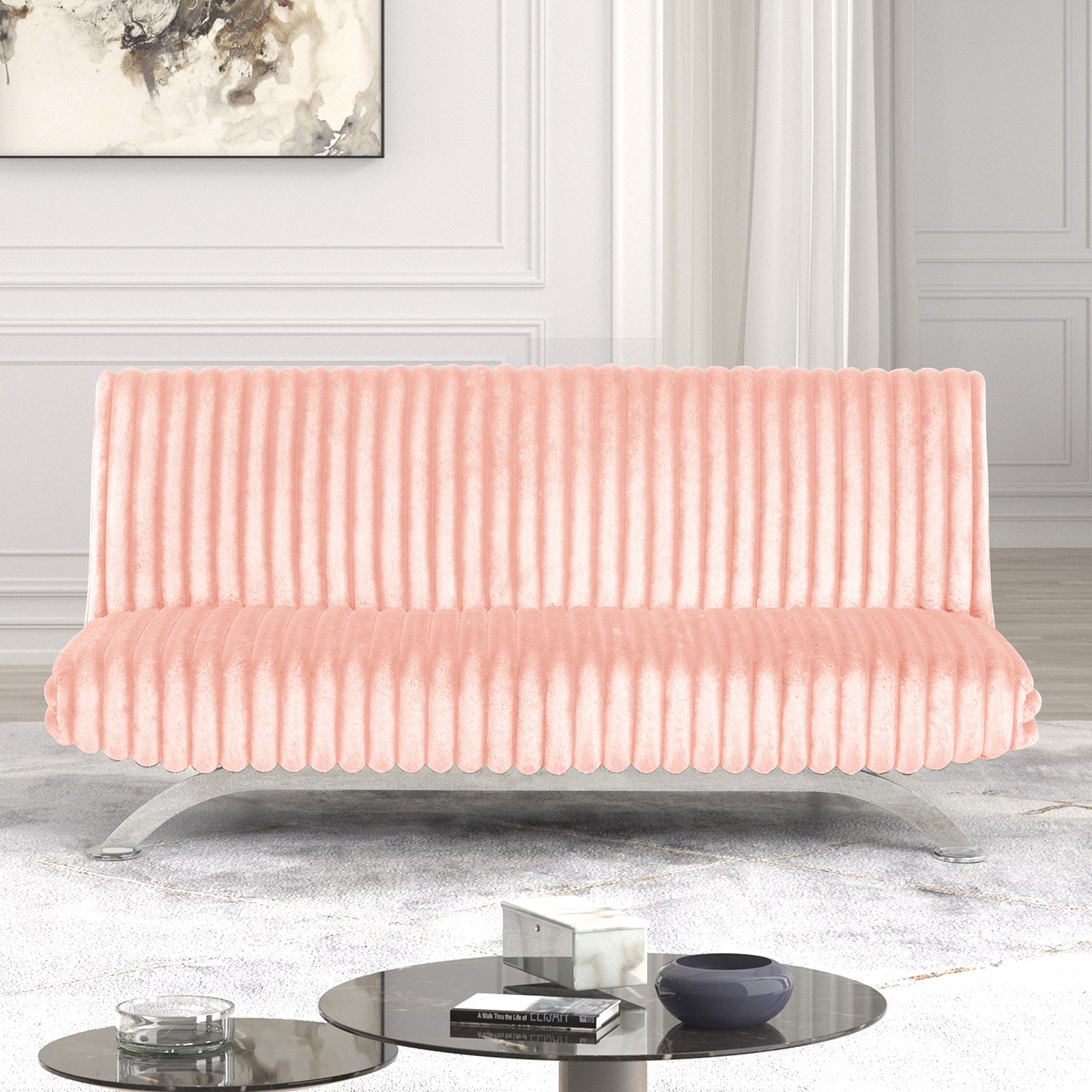 Pink Finish Futon Sofa Bed Contemporary Style Chrome Finish Base Legs Convert Into Bed With Extra Support Metal Leg