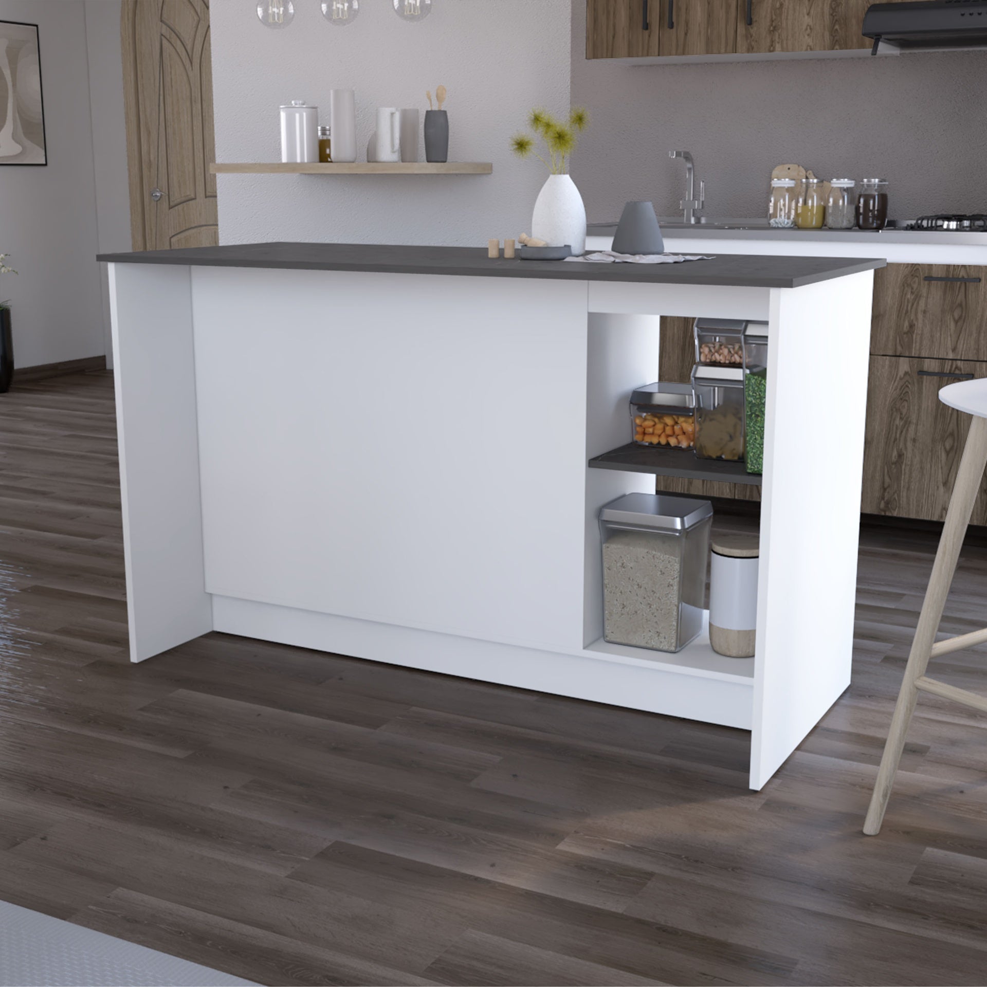 Mercury Kitchen Island with spacious Countertop, Double Door Cabinets, and 2 Open Storage Shelves