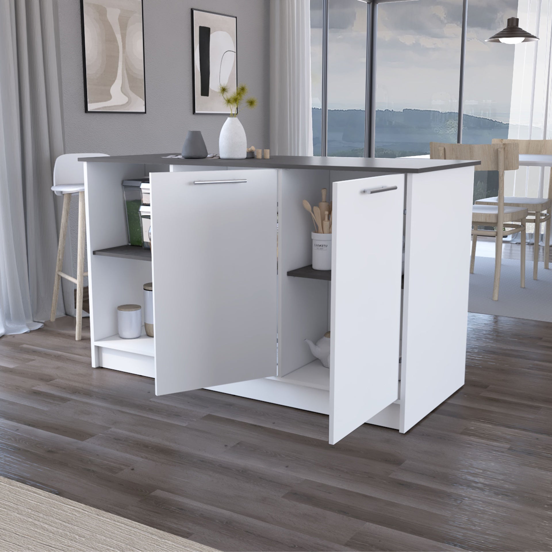 Mercury Kitchen Island with spacious Countertop, Double Door Cabinets, and 2 Open Storage Shelves
