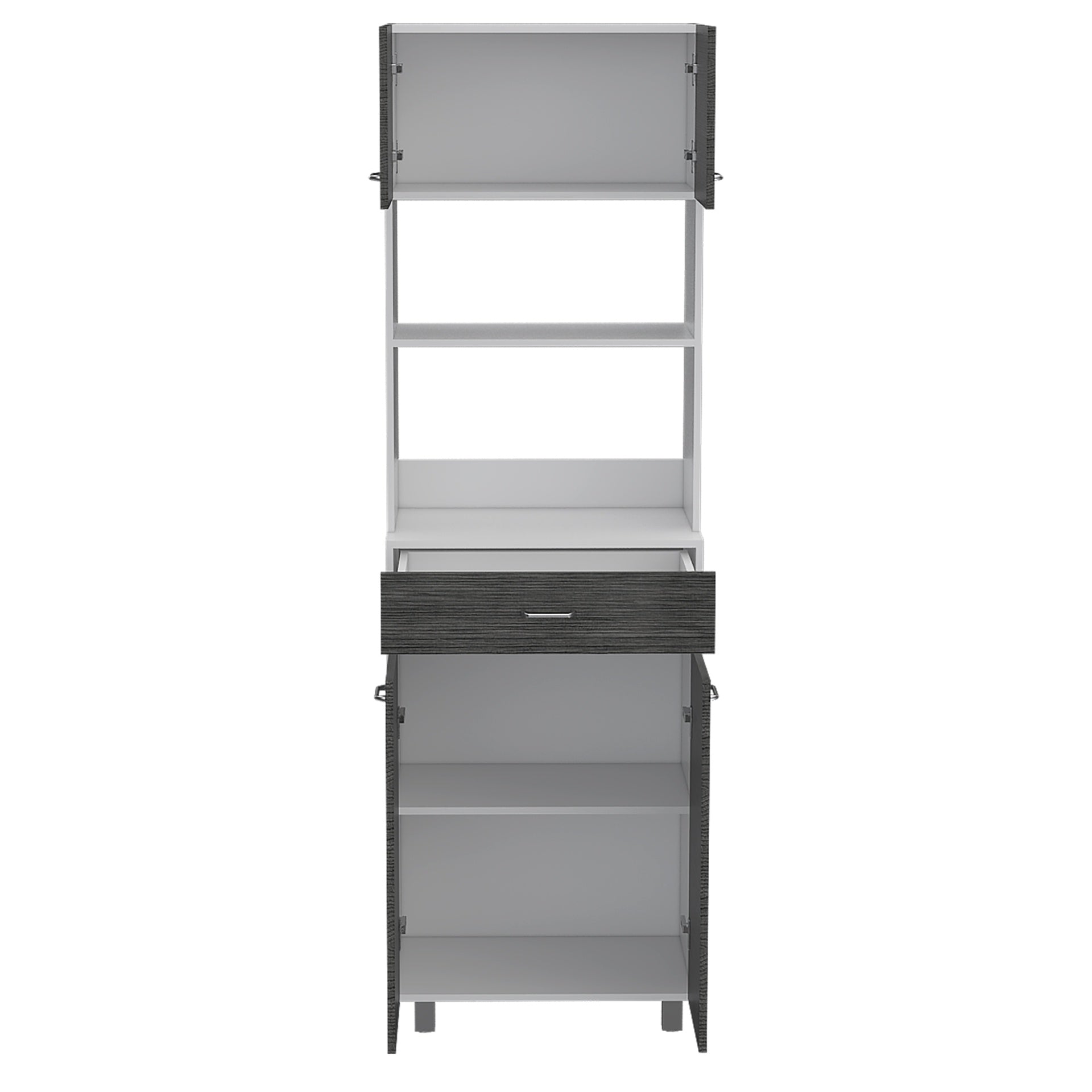 Auburn  Microwave Pantry Cabinet, Two Cabinets, Two Open Shelves, Drawer