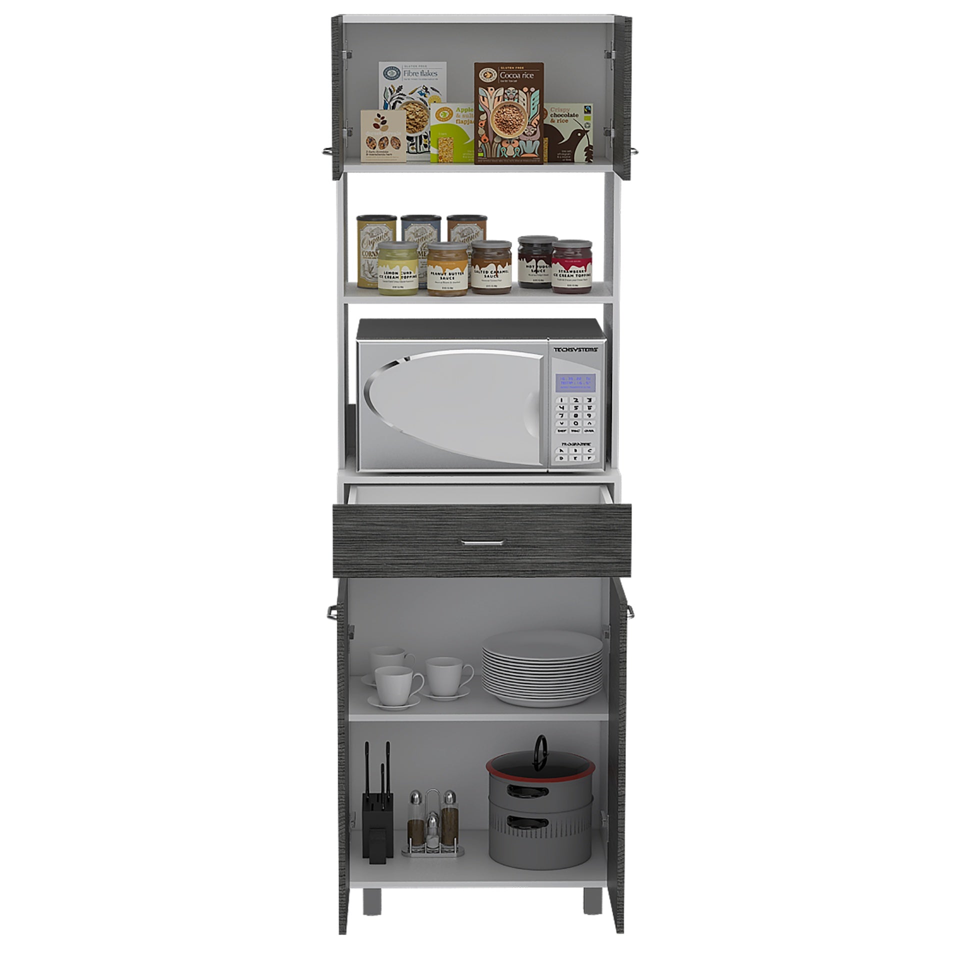 Auburn  Microwave Pantry Cabinet, Two Cabinets, Two Open Shelves, Drawer