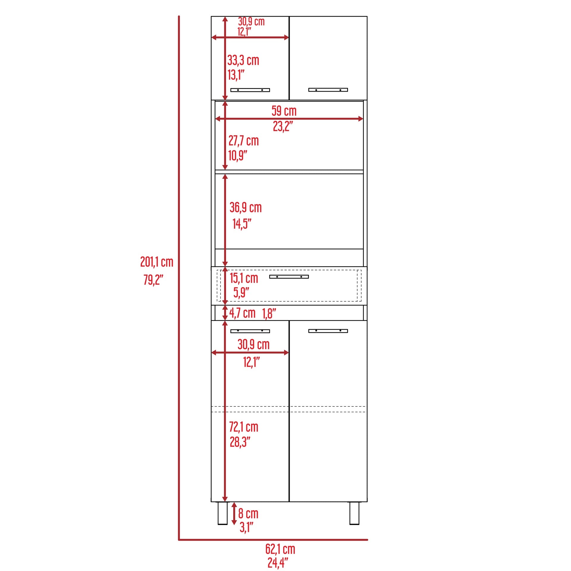 Auburn  Microwave Pantry Cabinet, Two Cabinets, Two Open Shelves, Drawer