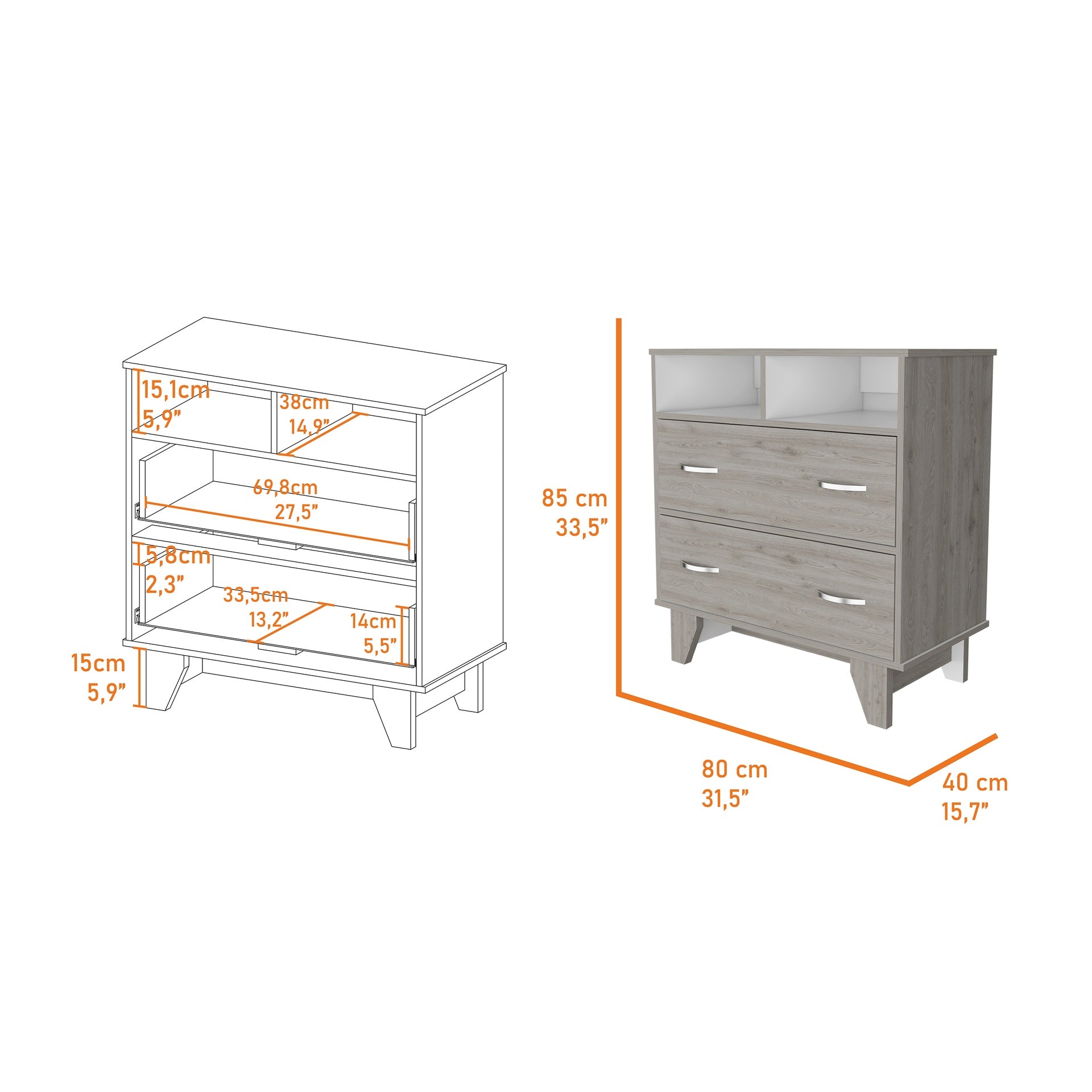 Portobelo Two Drawer Dresser, Two Shelves, Superior Top, Four Legs