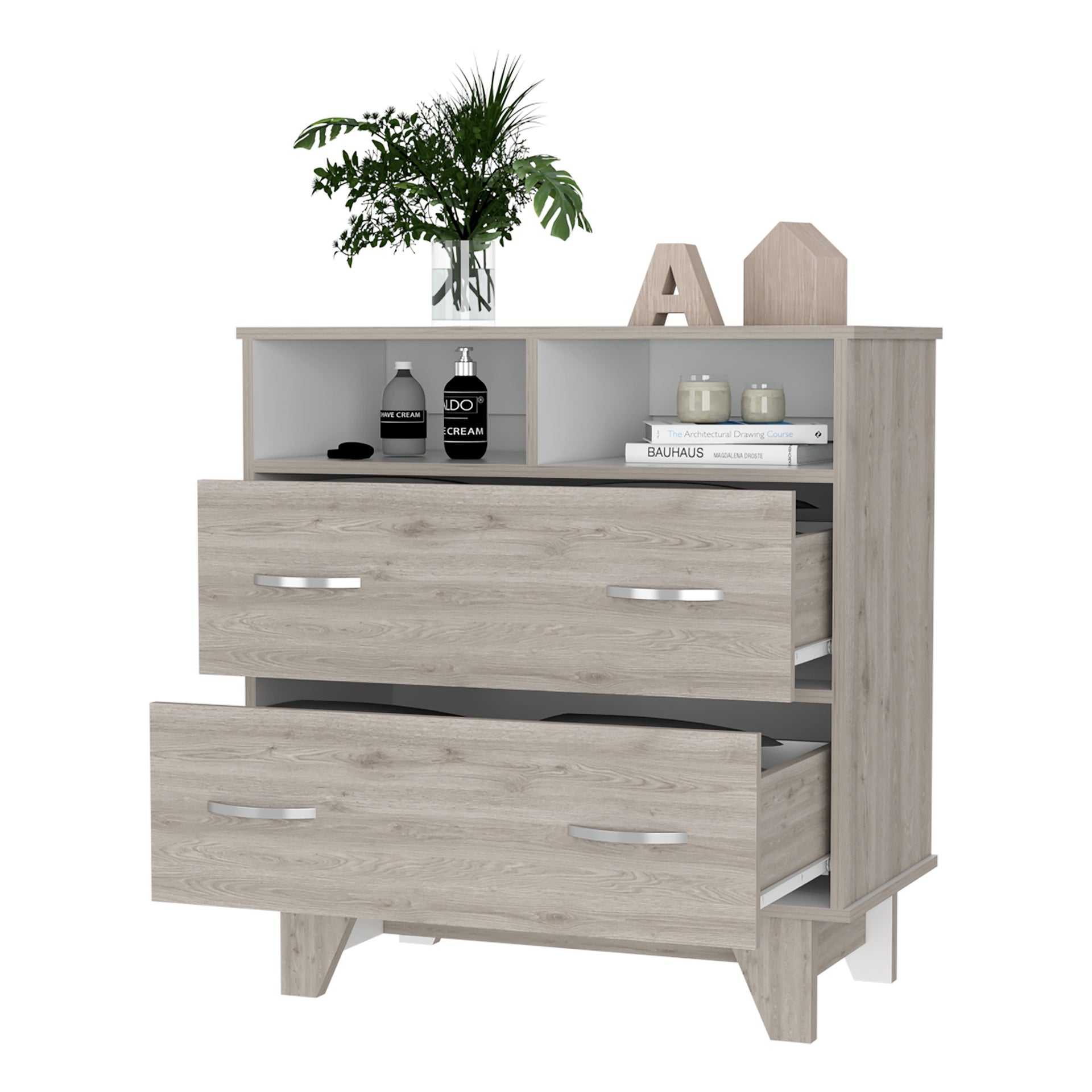 Portobelo Two Drawer Dresser, Two Shelves, Superior Top, Four Legs