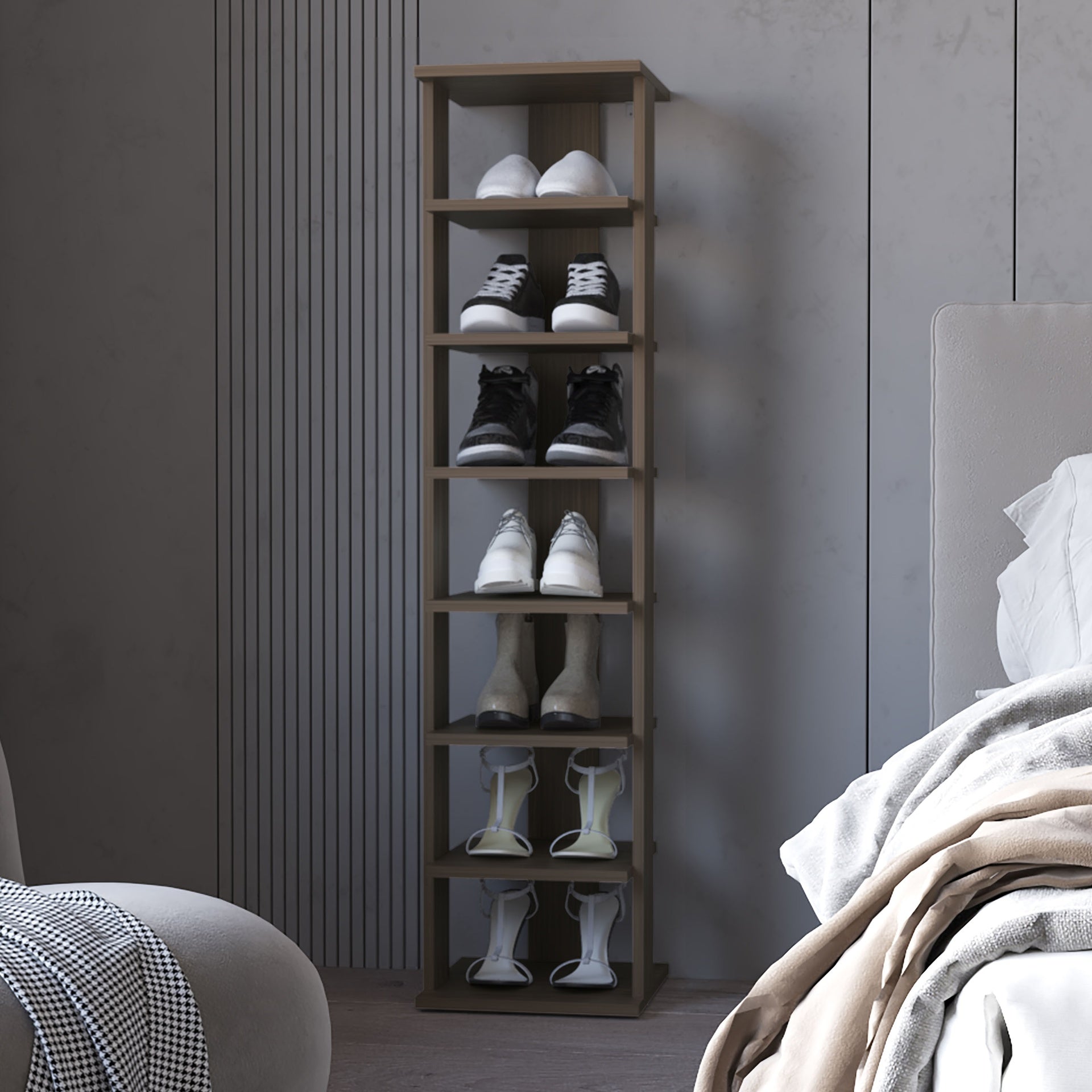 FM FURNITURE Ivonny 7-Tier Tall Vertical Shoe Rack, Freestanding Organizer with Open Shelves, Gray Walnut