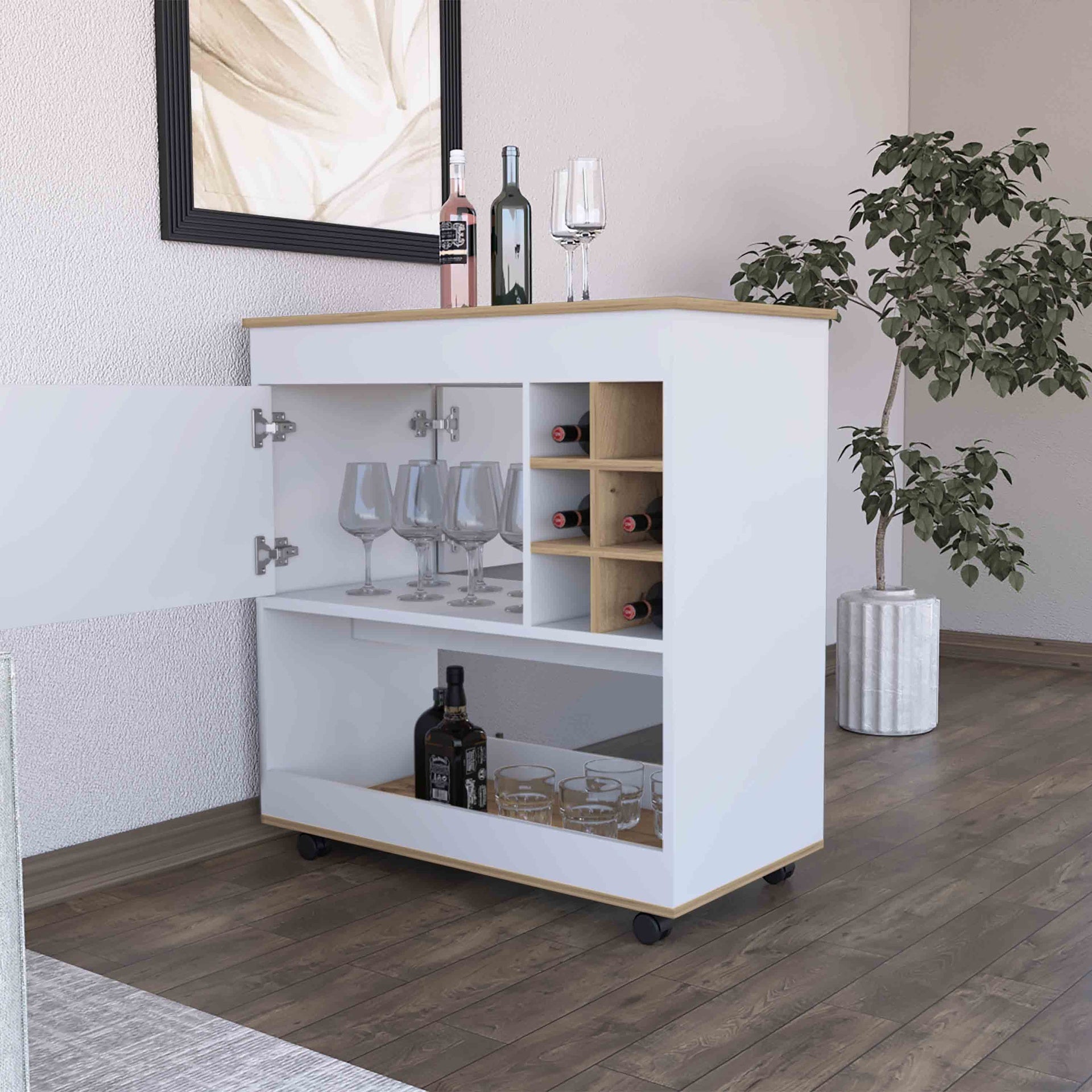 Texas Bar Cart, One Cabinet, Six Bottle Cubbies, One Lower Panel, Four Casters