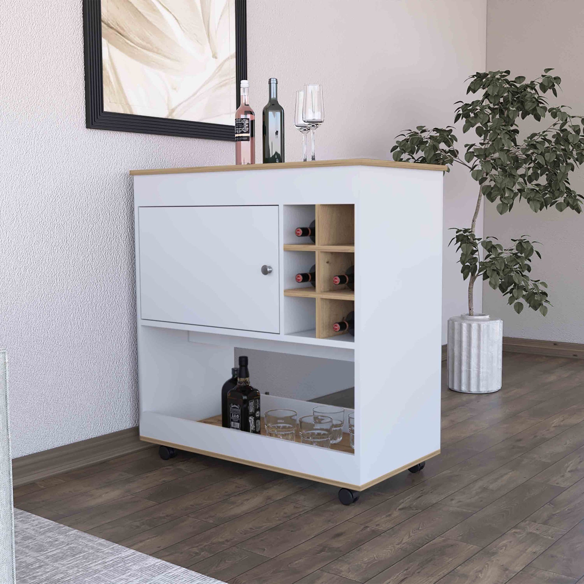 Texas Bar Cart, One Cabinet, Six Bottle Cubbies, One Lower Panel, Four Casters