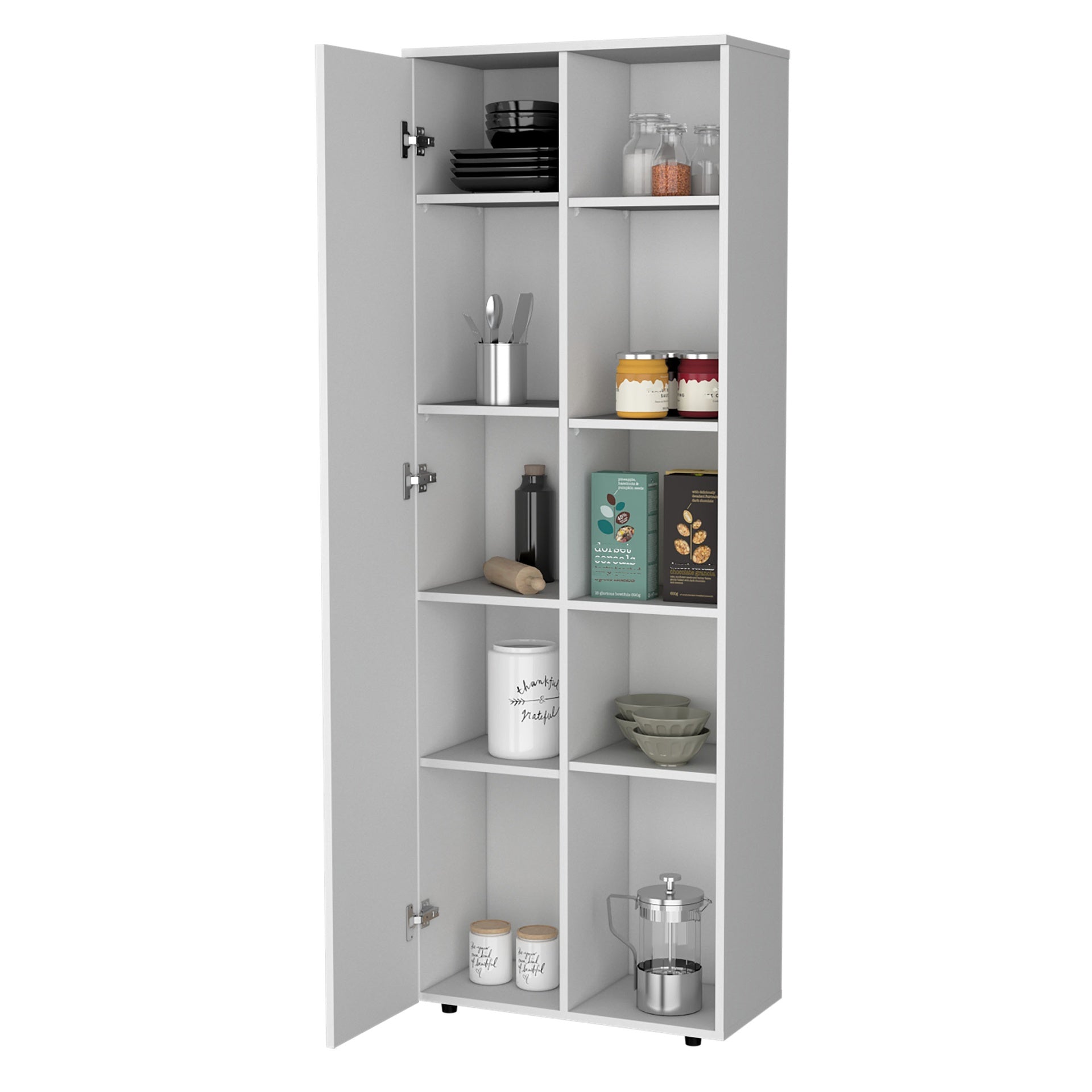 FM FURNITURE Harman Multistorage Kitchen Pantry with 1 door and 5 open shelves, White