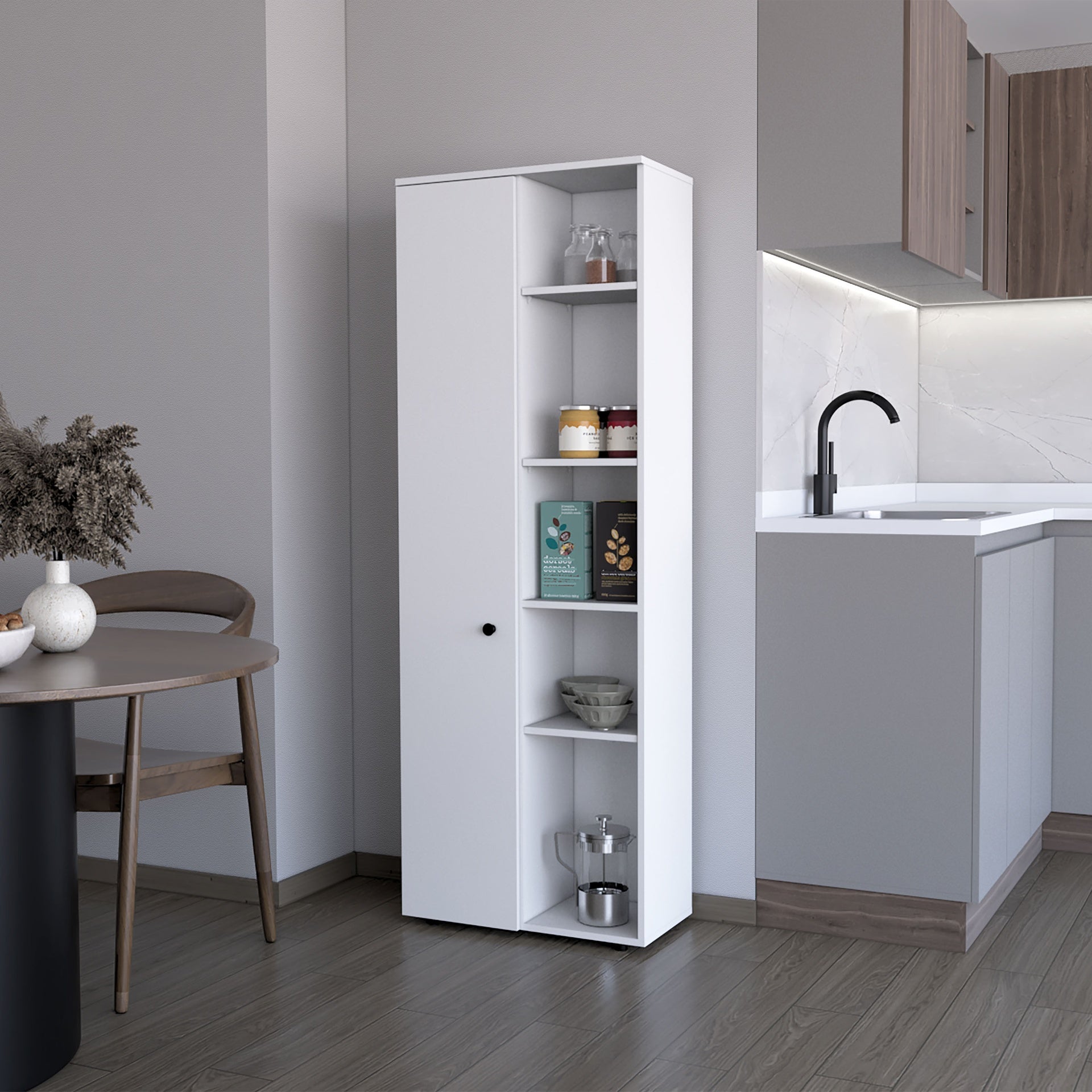 FM FURNITURE Harman Multistorage Kitchen Pantry with 1 door and 5 open shelves, White