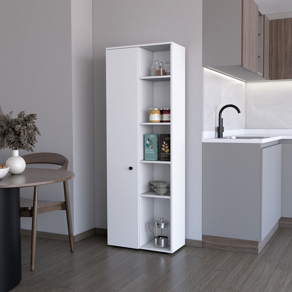 FM FURNITURE Harman Multistorage Kitchen Pantry with 1 door and 5 open shelves, White
