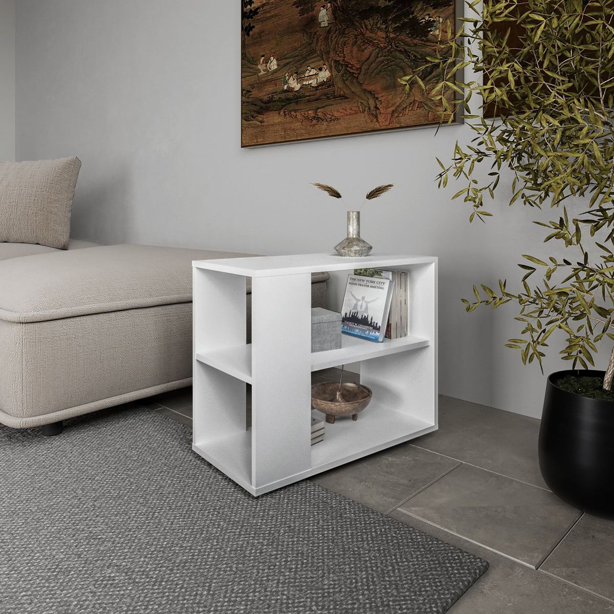 Rio Verde Side Table in Melamine with Open Storage, White
