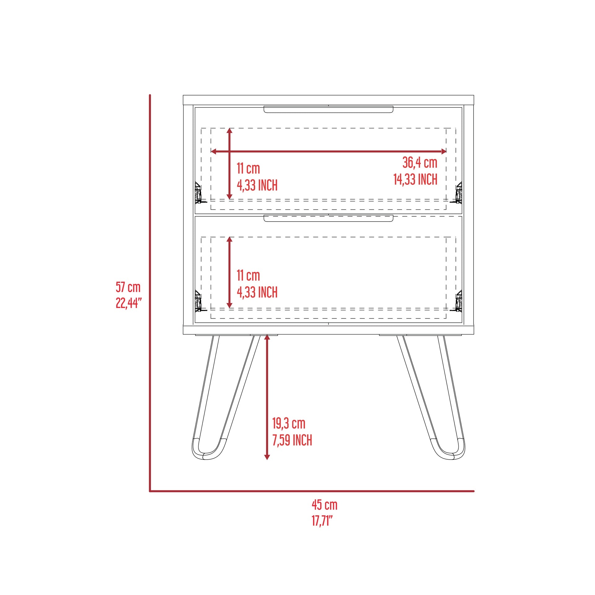 Nuvo Nightstand,Two Drawers, Hairpin Legs
