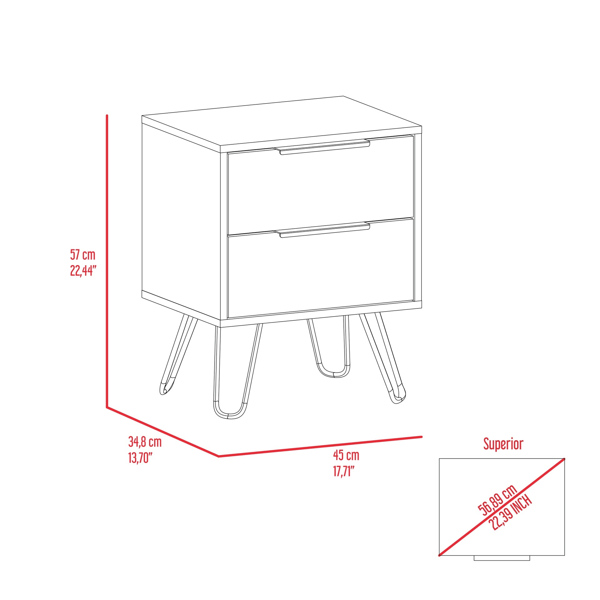Nuvo Nightstand,Two Drawers, Hairpin Legs