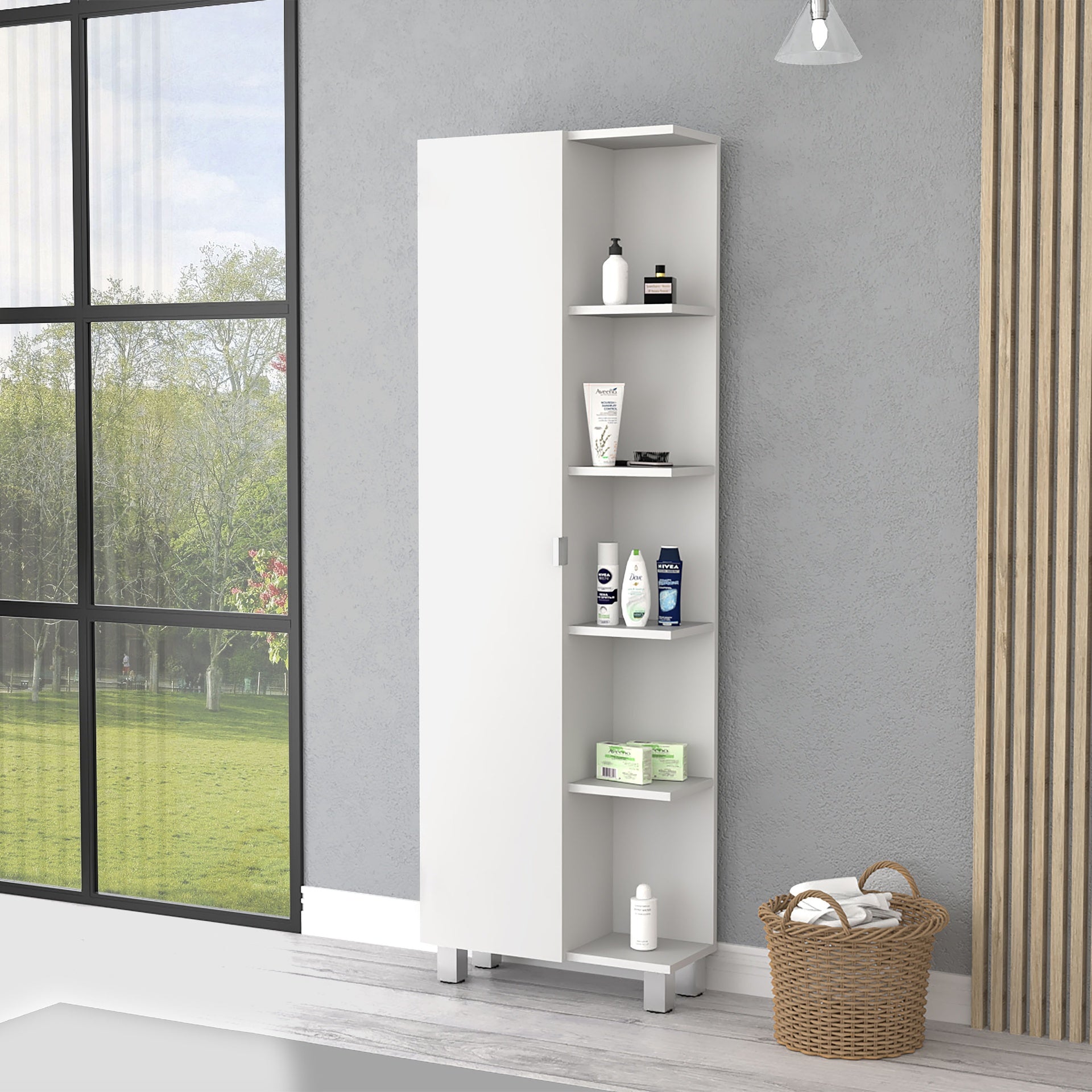 Los Angeles Linen  Cabinet, Five Shelves, One Cabinet, Divisions