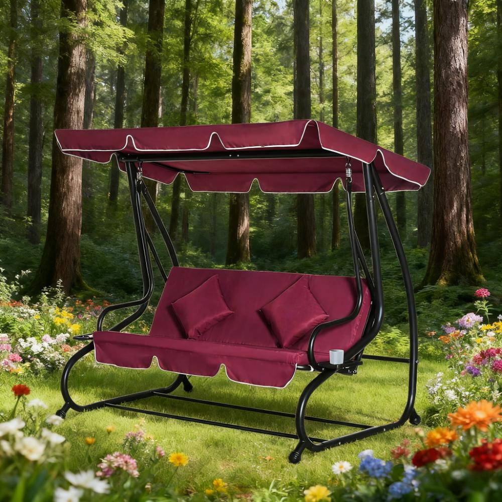 3-Seat Red  Swing Bench  Swing Glider with Adjustable Canopy, Removable Cushion and Pillows, for Porch, Garden, Poolside, Backyard