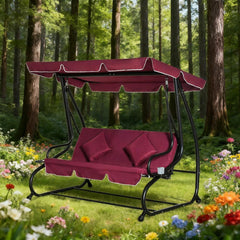 3-Seat Red  Swing Bench  Swing Glider with Adjustable Canopy, Removable Cushion and Pillows, for Porch, Garden, Poolside, Backyard