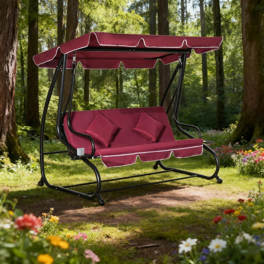 3-Seat Red  Swing Bench  Swing Glider with Adjustable Canopy, Removable Cushion and Pillows, for Porch, Garden, Poolside, Backyard