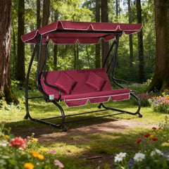3-Seat Red  Swing Bench  Swing Glider with Adjustable Canopy, Removable Cushion and Pillows, for Porch, Garden, Poolside, Backyard
