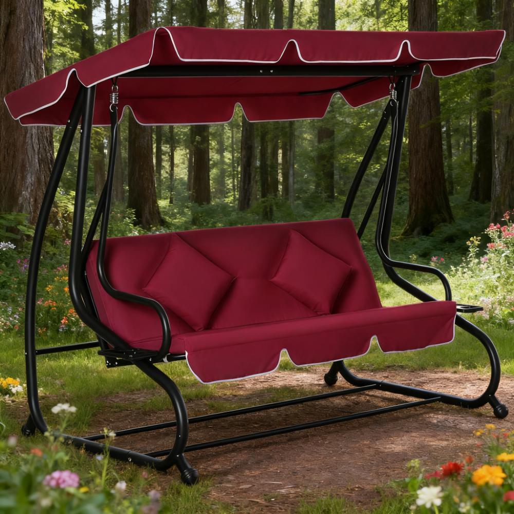 3-Seat Red  Swing Bench  Swing Glider with Adjustable Canopy, Removable Cushion and Pillows, for Porch, Garden, Poolside, Backyard
