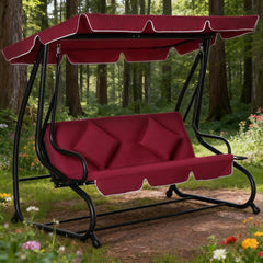 3-Seat Red  Swing Bench  Swing Glider with Adjustable Canopy, Removable Cushion and Pillows, for Porch, Garden, Poolside, Backyard